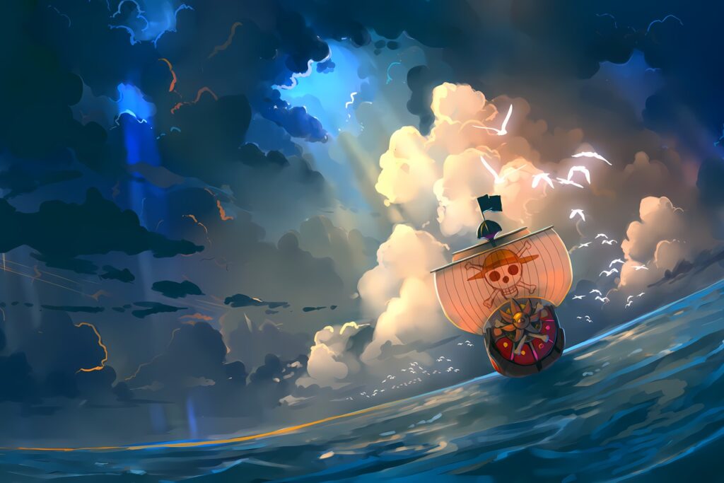 El barco de los Sombrero de Paja navegando, de One Piece
