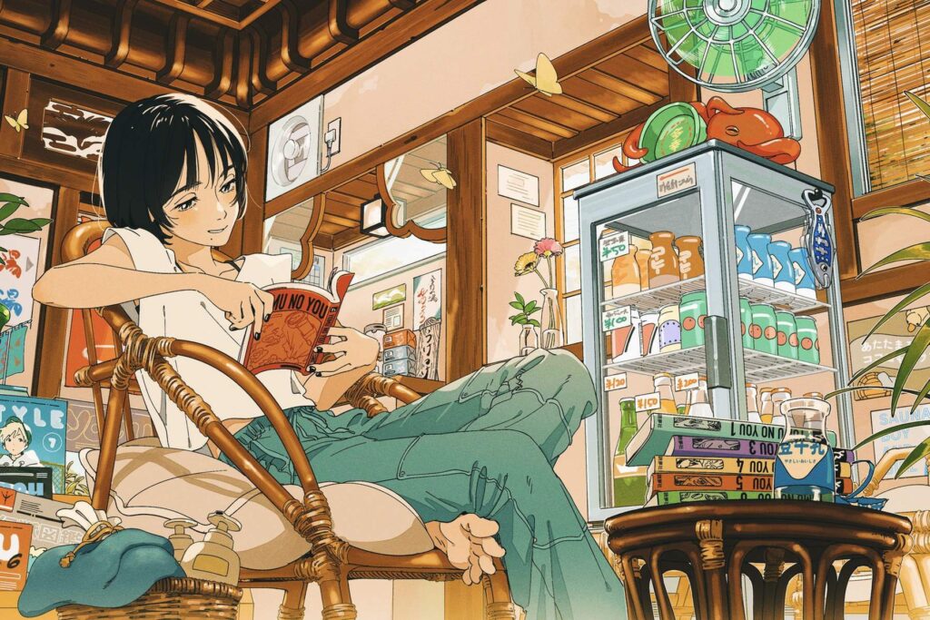 Persona leyendo un tomo de manga junto a una pila de tomos numerados